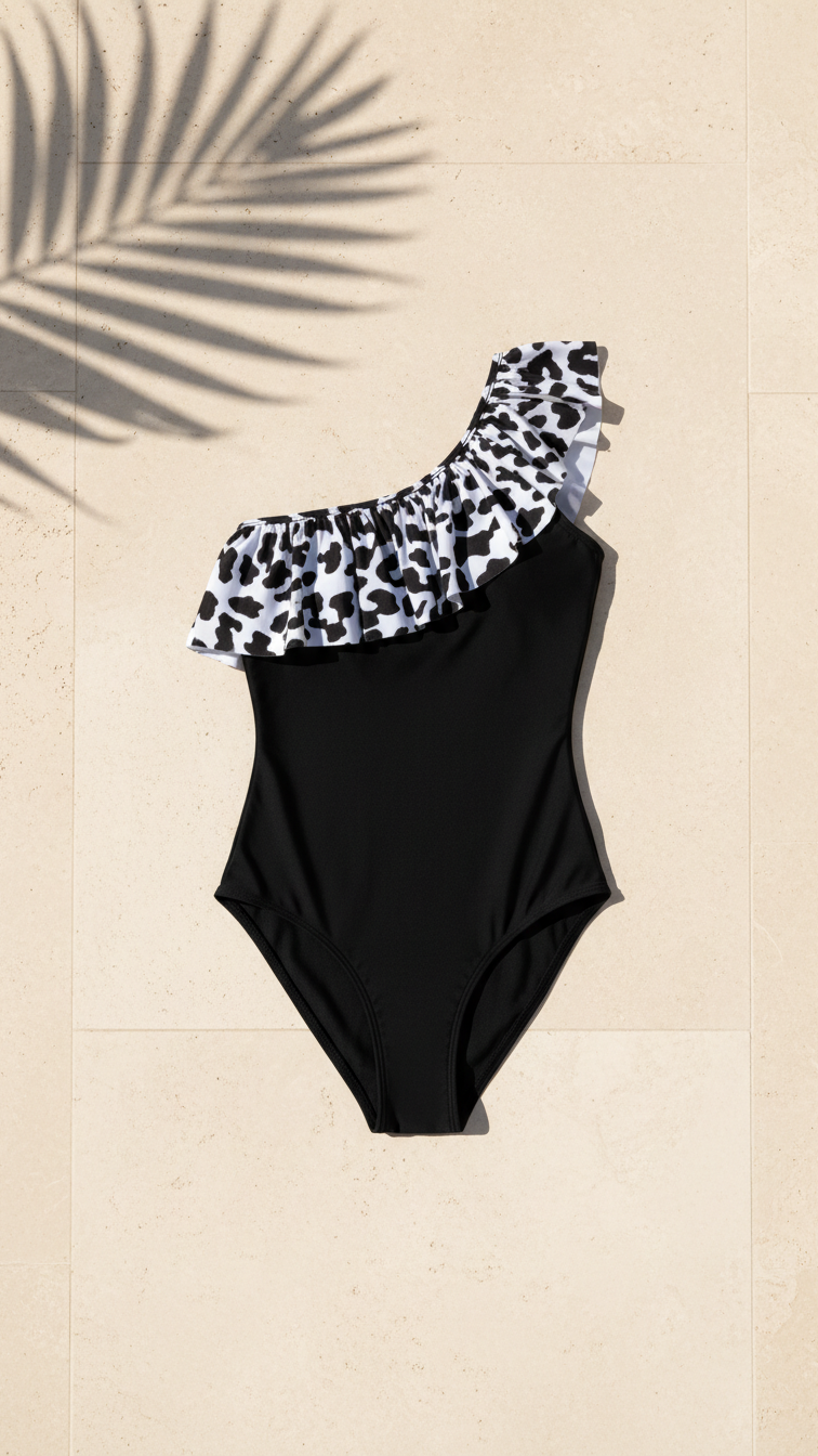 Maillot de bain une pièce monochrome moderne à une épaule avec motif animal... | DLM