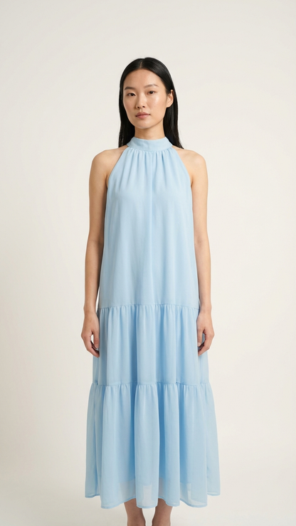 Robes assorties maman et fille bleu clair à col halter et volants