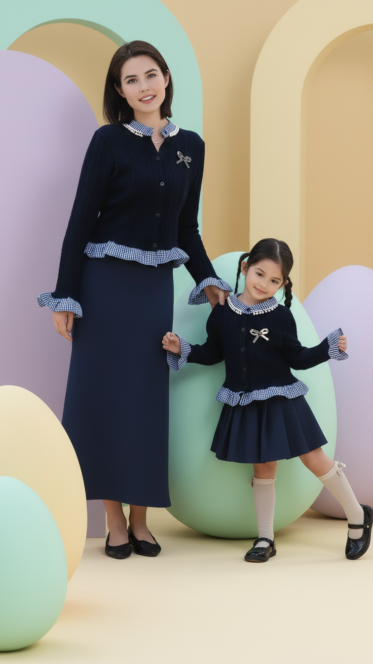 Detail image of mommy and me cardigans with navy gingham print