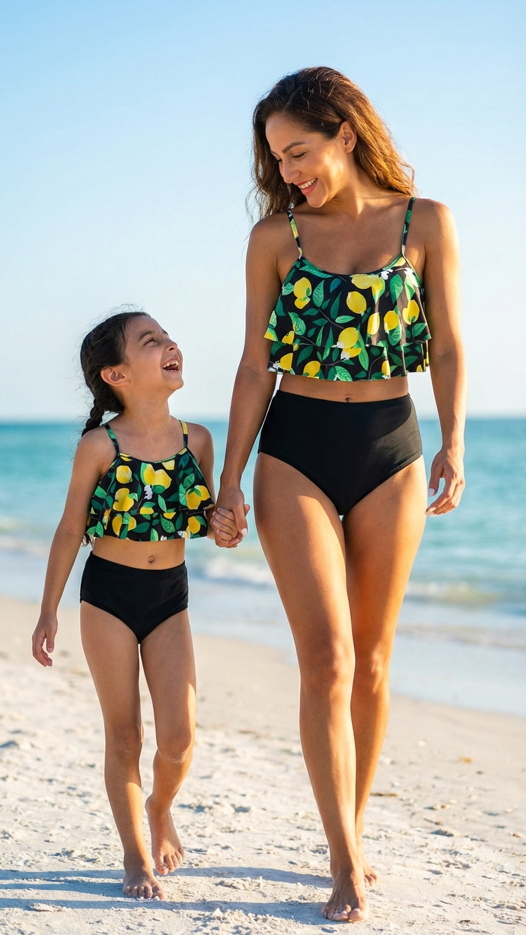 Close product view of mommy and me swimsuits with ruffle sleeve