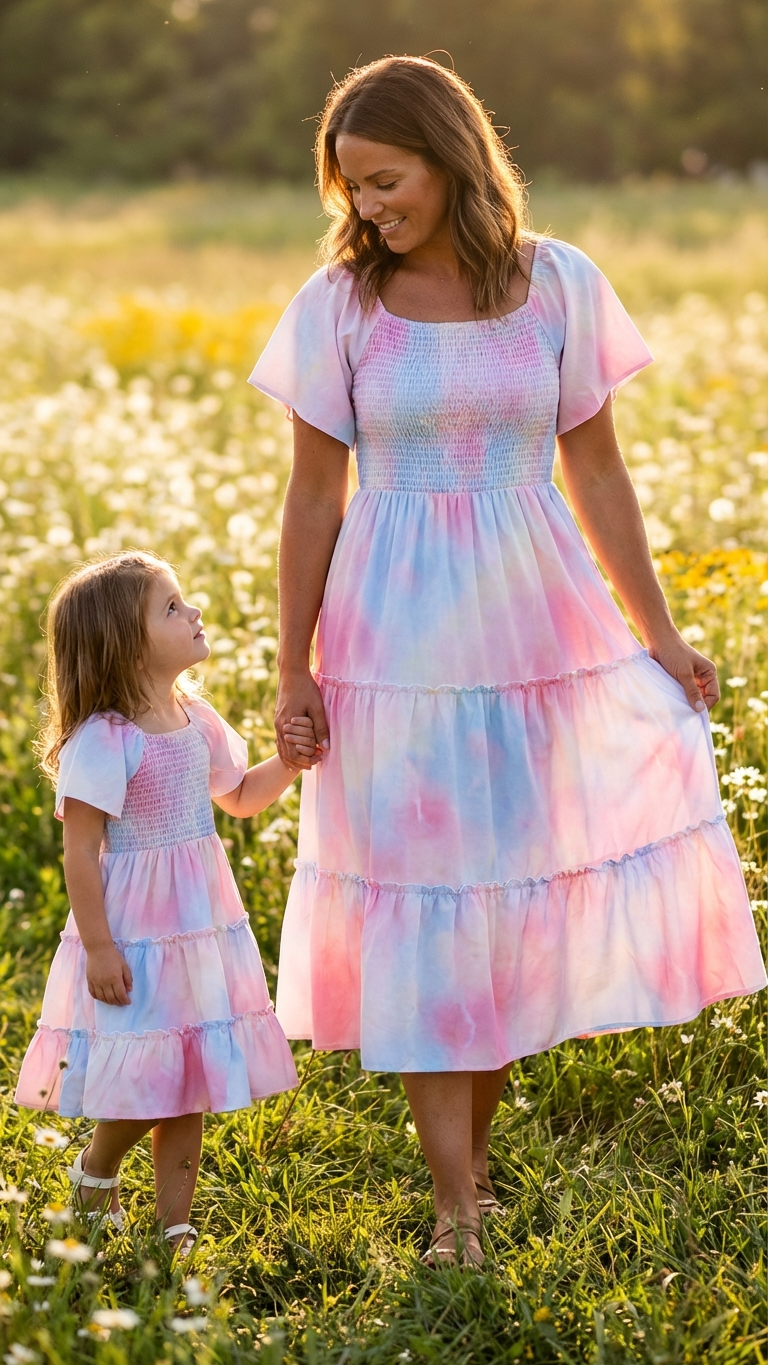 Product image of mommy and me maxi dresses with tie-dye print - matching dress for mother daughter