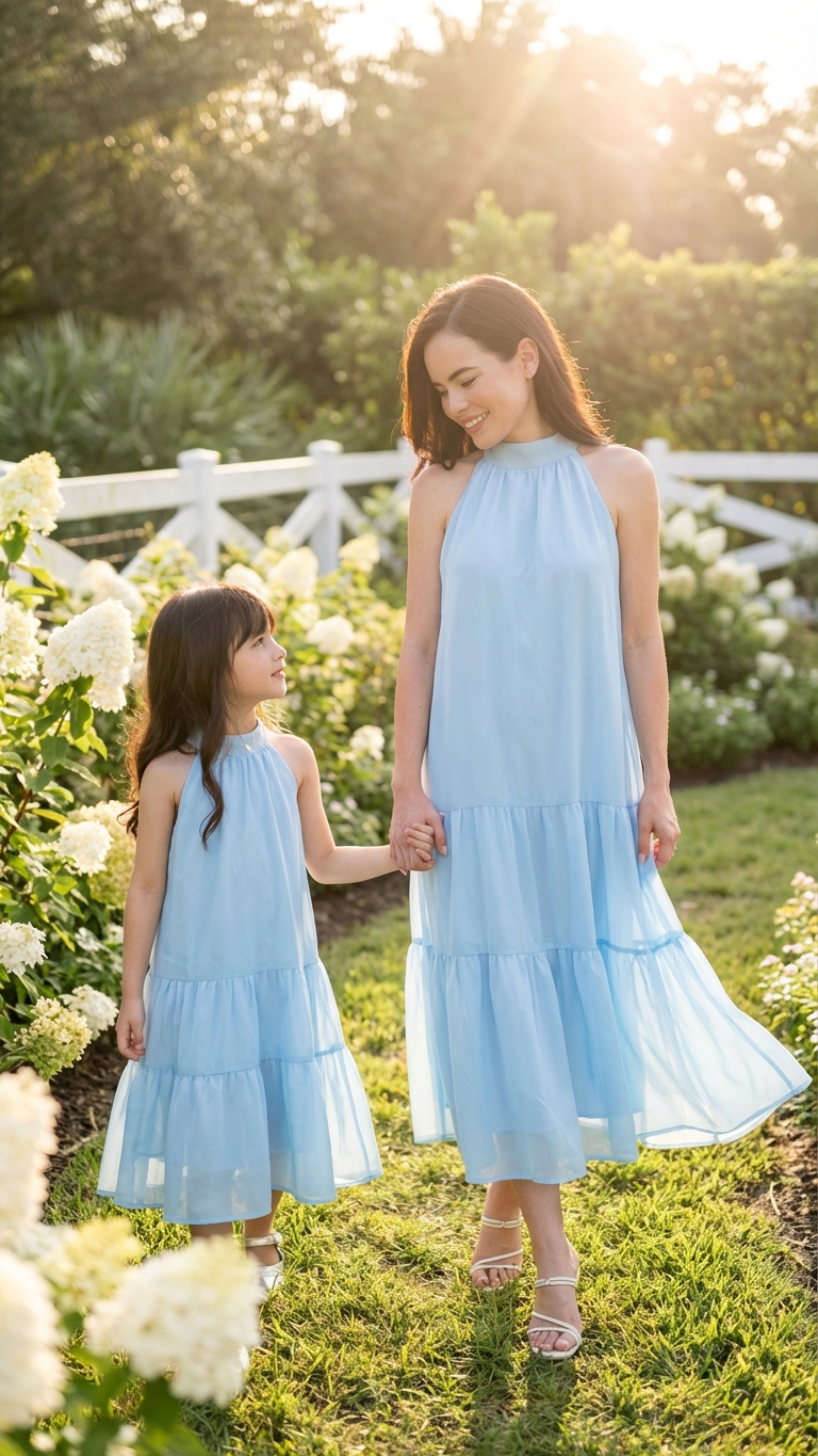 Robes assorties maman et fille bleu clair à col halter et volants