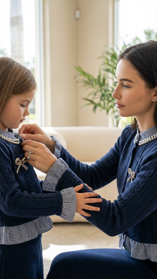 Mother-Daughter Matching Navy Knit Cardigan Set Gin... | DLM