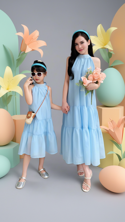 Robes assorties maman et fille bleu clair à col halter et volants