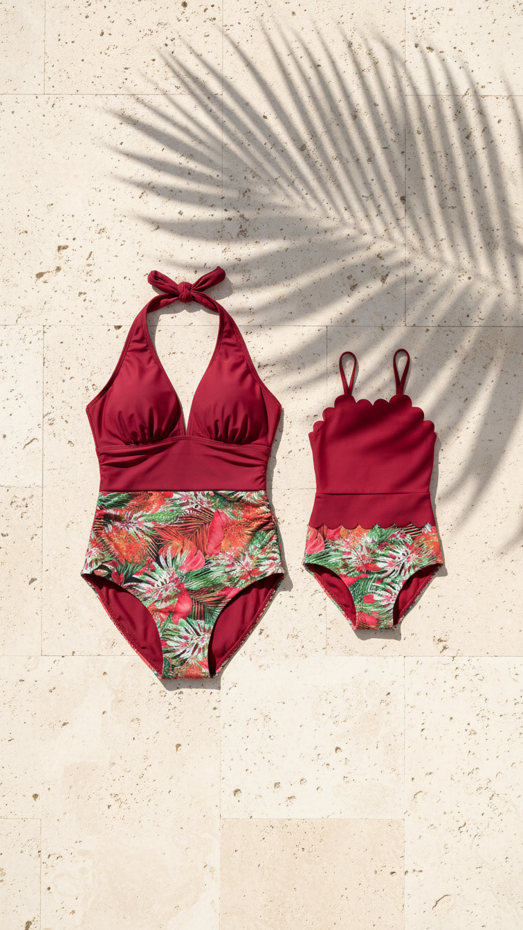 Alternate image of mommy and me swimsuits with red floral print