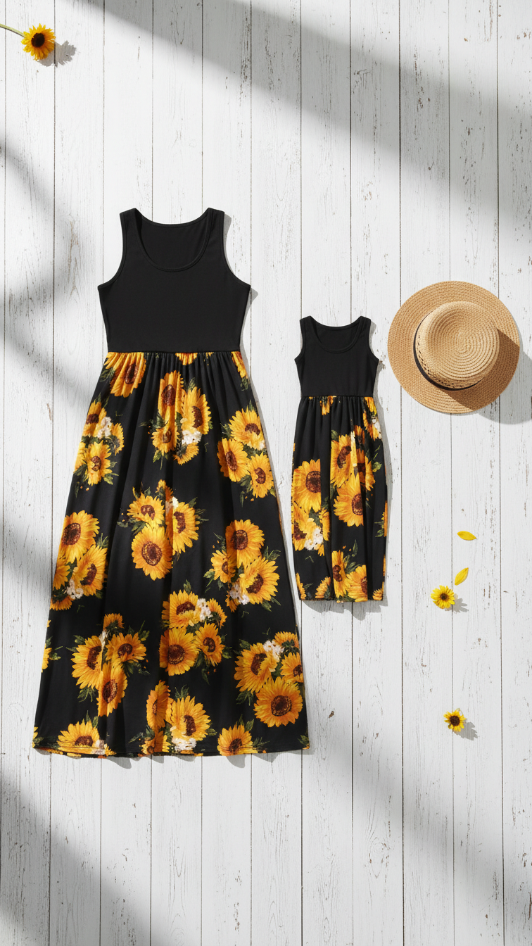 Matching Mommy & Me Sunflower Maxi Dresses Sleevele... | DLM