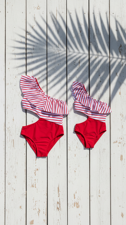 Bañador elegante de rayas con volantes y un solo hombro para mujer... | DLM