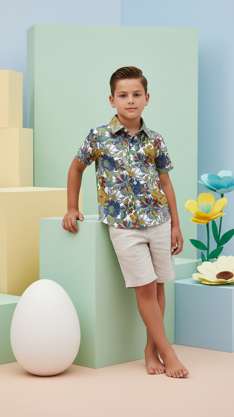 Detail image of family matching button-down shirts with floral print