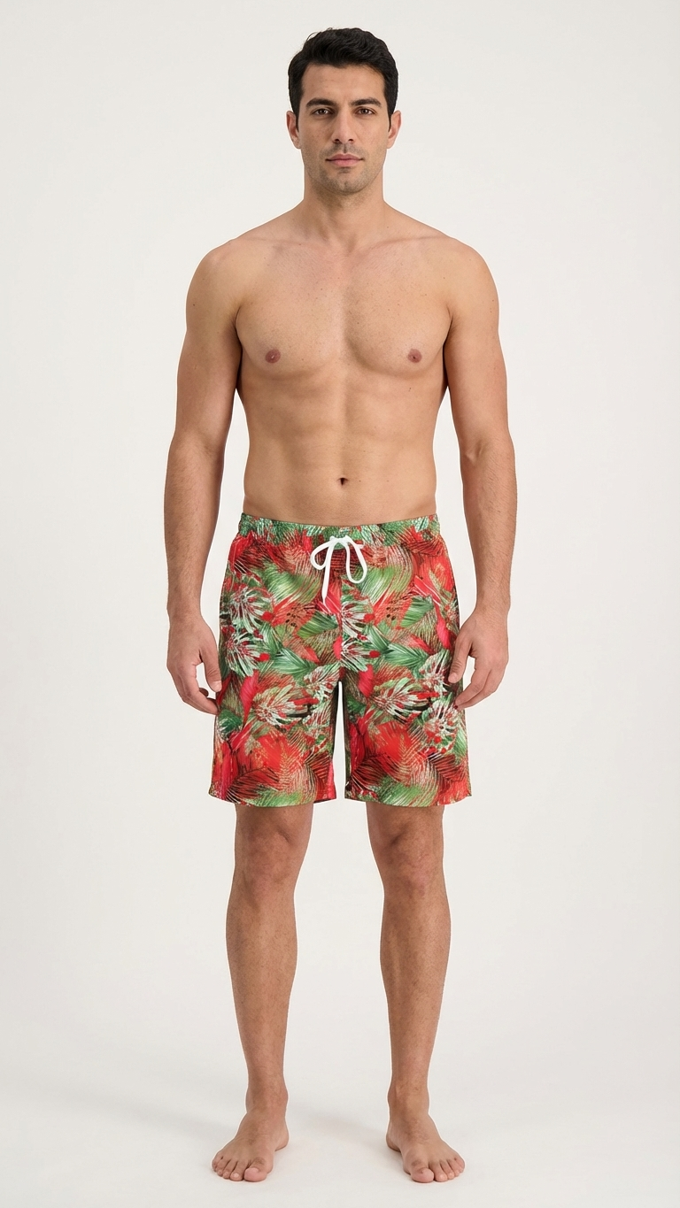 Detail image of daddy and me swim trunks with red green tropical print