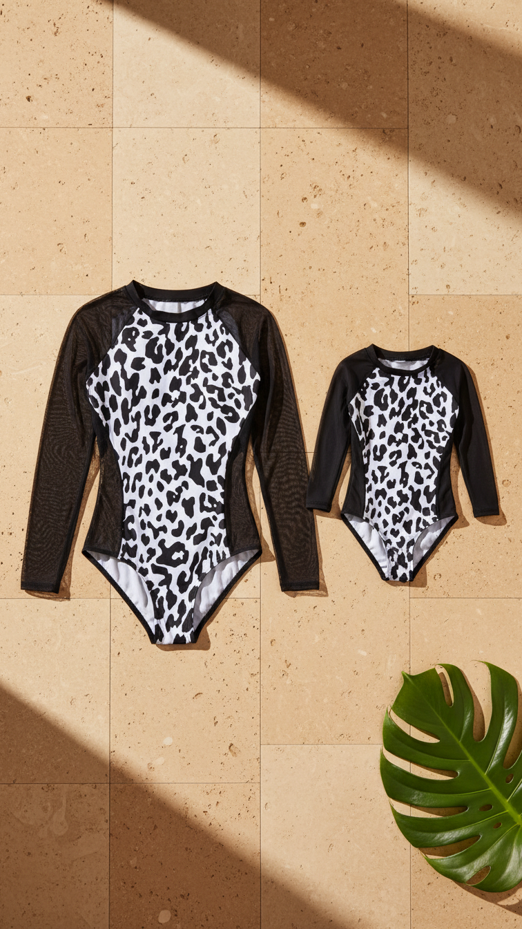 Elegante traje de baño de manga larga con estampado de leopardo para mamá... | DLM