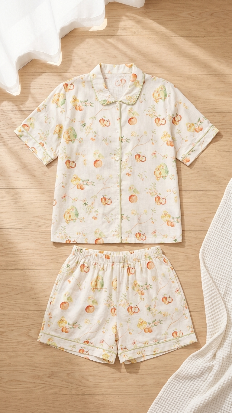 Bird Chirping Fruit Orchard Mommy and Me Pajamas — Short-Sleeve Set