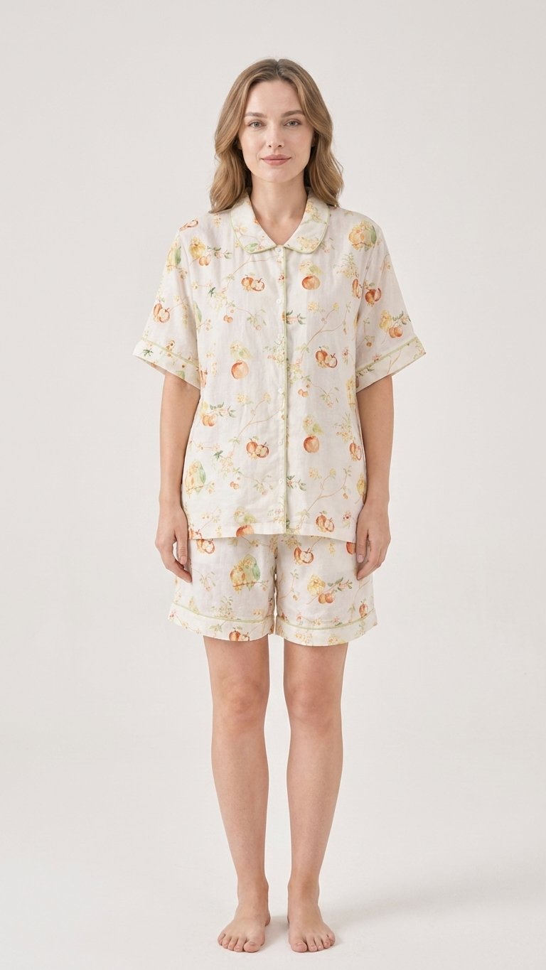 Bird Chirping Fruit Orchard Mommy and Me Pajamas — Short-Sleeve Set