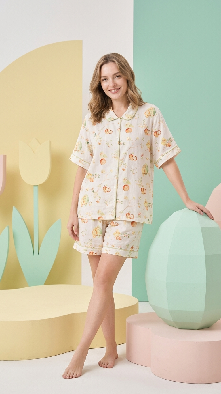 Bird Chirping Fruit Orchard Mommy and Me Pajamas — Short-Sleeve Set