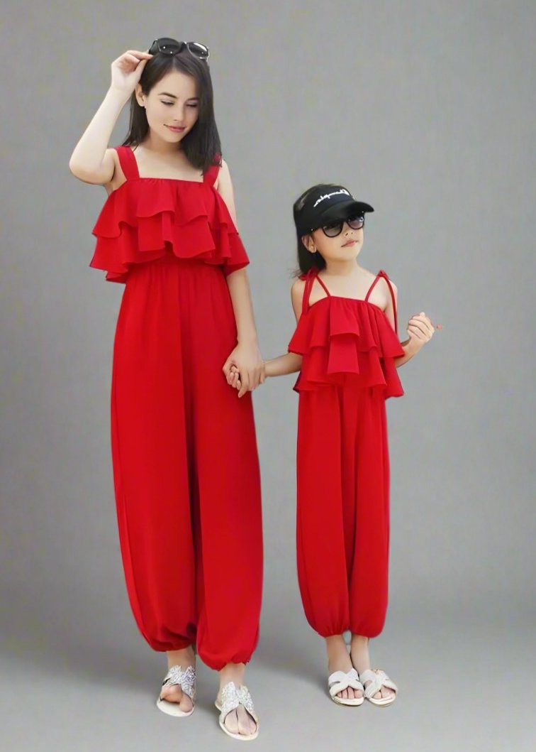Stylish red jumpsuit for little girls with ruffle design