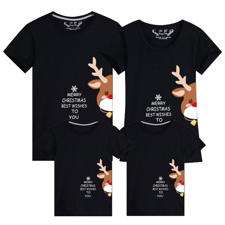 Coordinated black t-shirts with a reindeer and Merry Christmas Best Wishes text for familie