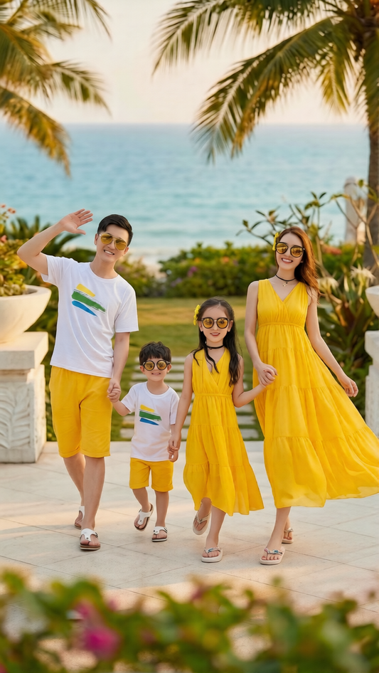 Product image of family matching matching sets with yellow tropical print - matching dress for family