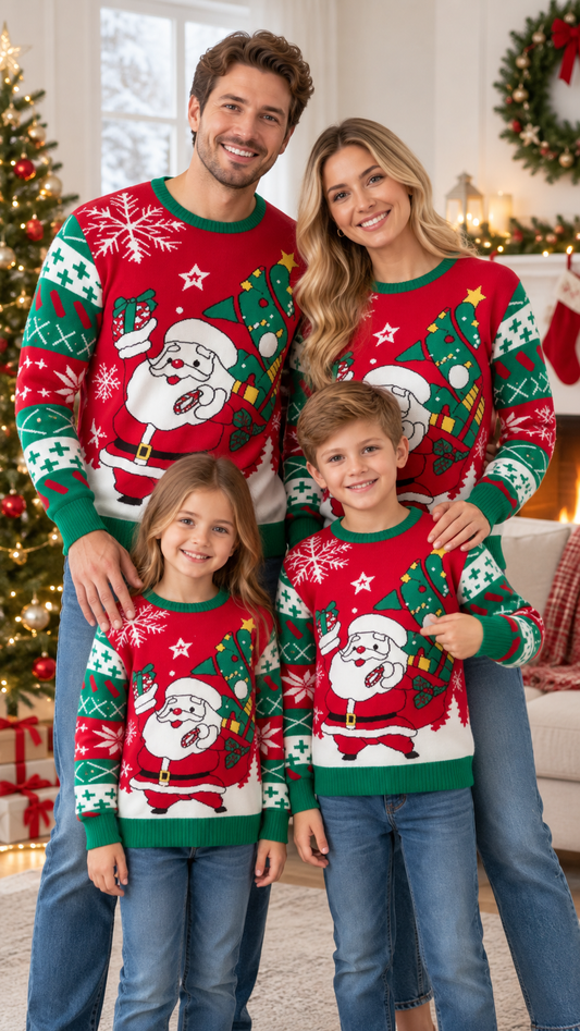 Family of four standing by the Christmas tree in matching red Santa Tree Delivery knit sweaters