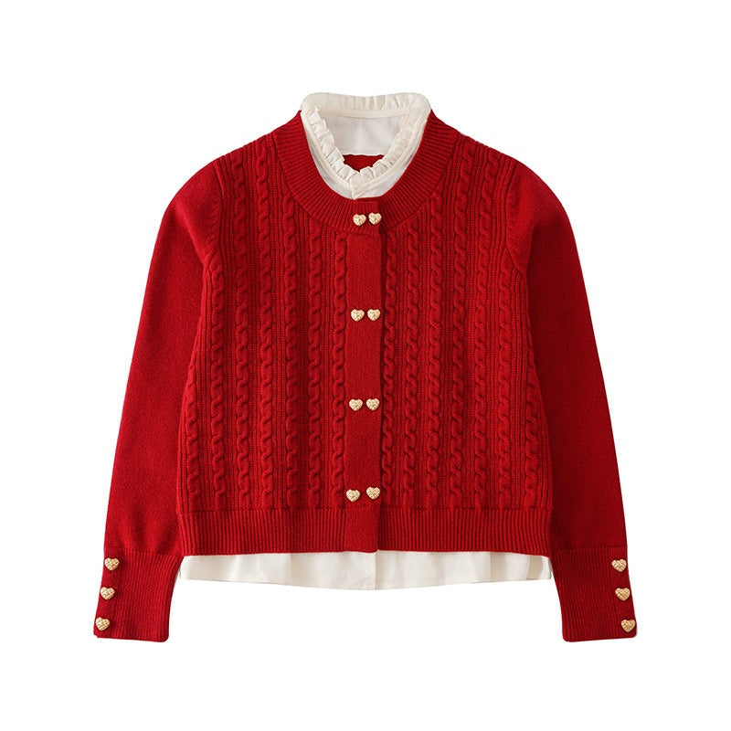 Mom and daughter in elegant matching red cardigans with gold buttons and black skirts, great for special occasion