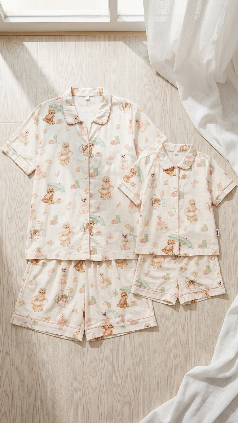 Summer Puppies Mommy and Me Pajamas — Short-Sleeve Set in Beige photo 2
