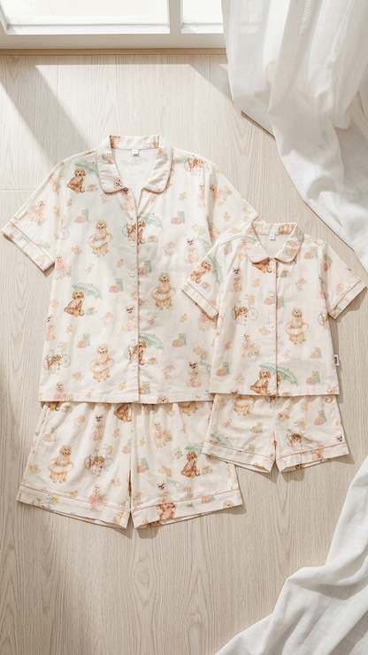 Summer Puppies Mommy and Me Pajamas — Short-Sleeve Set in Beige photo 2