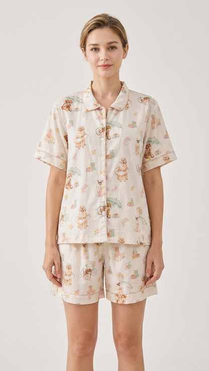 Summer Puppies Mommy and Me Pajamas — Short-Sleeve Set in Beige photo 4