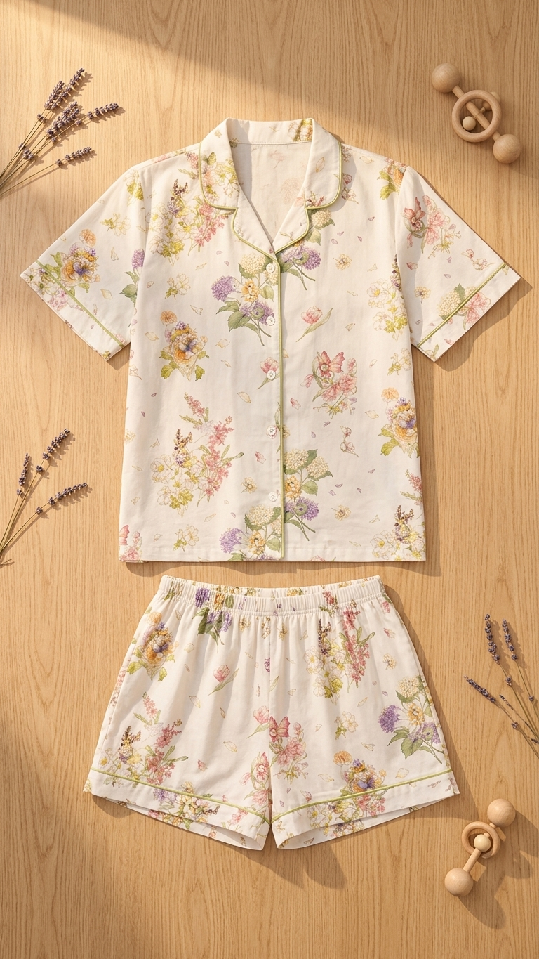 Vintage Cottage Floral Mommy and Me Matching Pajama Set — Short-Sleeve Button-Down Top + Shorts (Mother & Daughter) photo 2