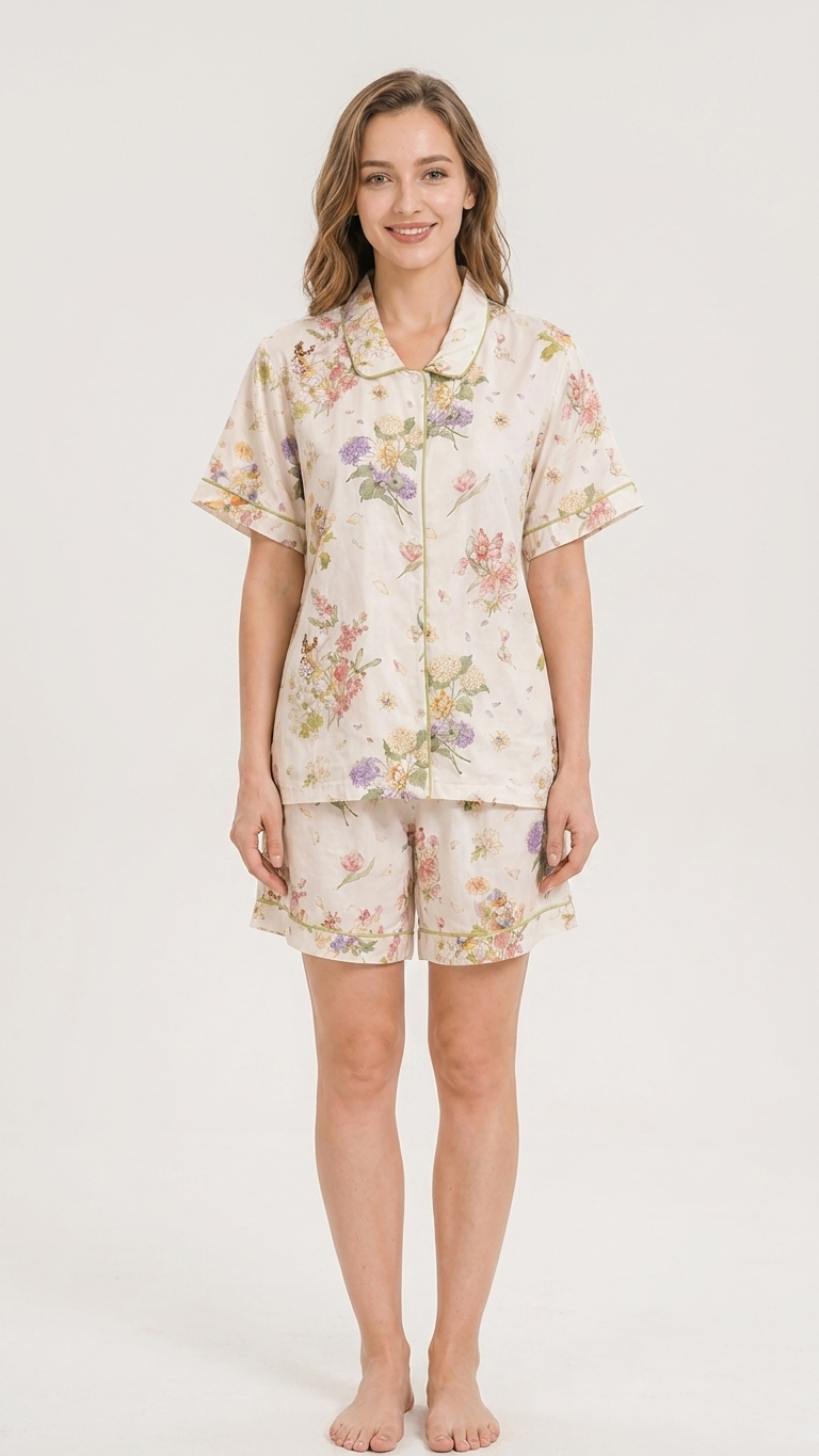 Vintage Cottage Floral Mommy and Me Matching Pajama Set — Short-Sleeve Button-Down Top + Shorts (Mother & Daughter) photo 4