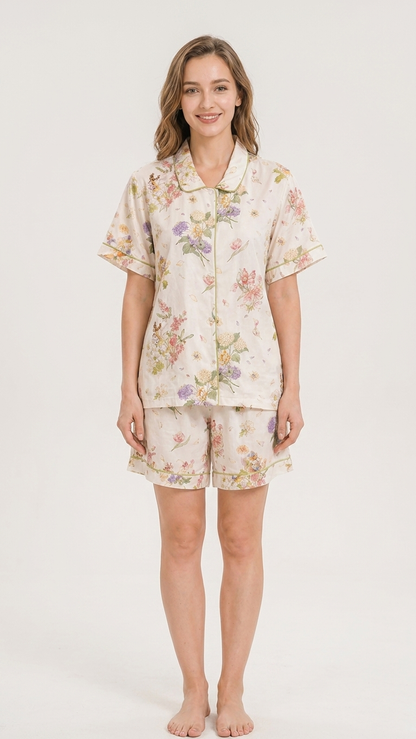 Vintage Cottage Floral Mommy and Me Matching Pajama Set — Short-Sleeve Button-Down Top + Shorts (Mother & Daughter) photo 4