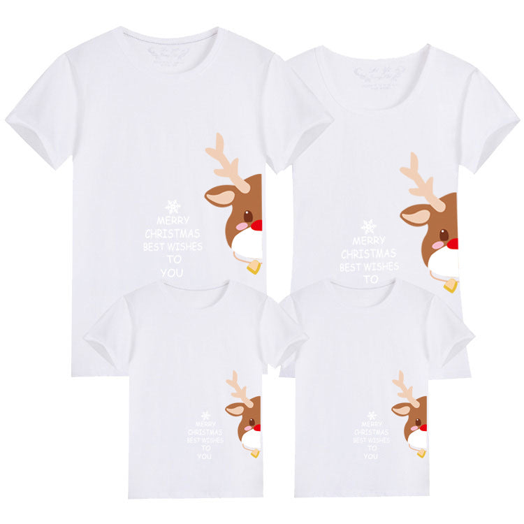 White Christmas family shirts featuring a reindeer and snowflakes, perfect for the holiday