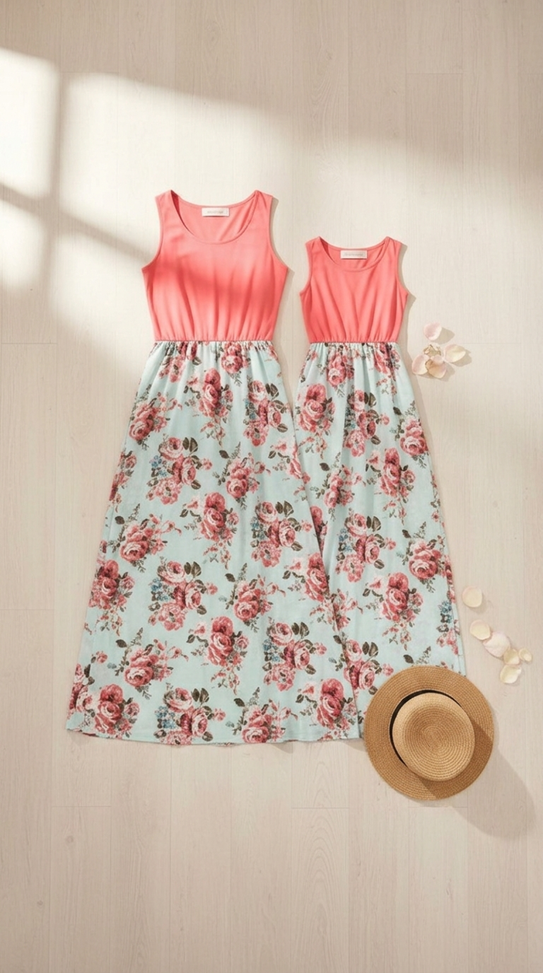 Vestido largo sin mangas con estampado floral y coral a juego... | DLM