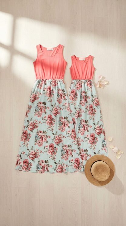 Vestido largo sin mangas con estampado floral y coral a juego... | DLM