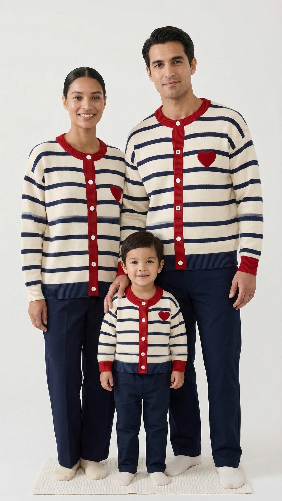 Product image of family matching cardigans with navy red striped