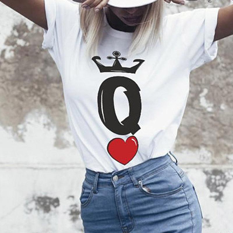 Close product view of matching couple t-shirts with queen king graphic