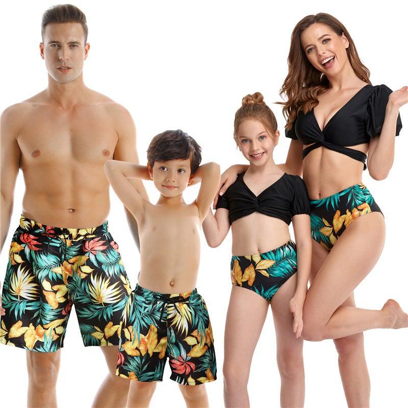 Detail image of family matching swimsuits with floral print