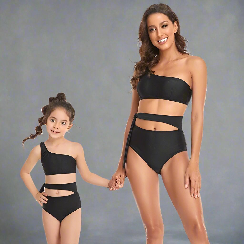 Close product view of mommy and me swimsuits with matching style