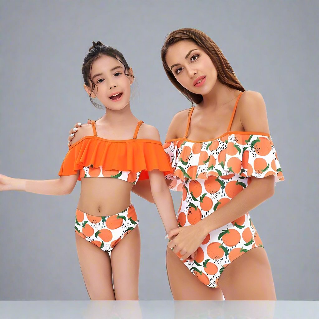 Matching Mommy & Me Orange Print Swimsuit-Swimsuits-dresslikemommy.com