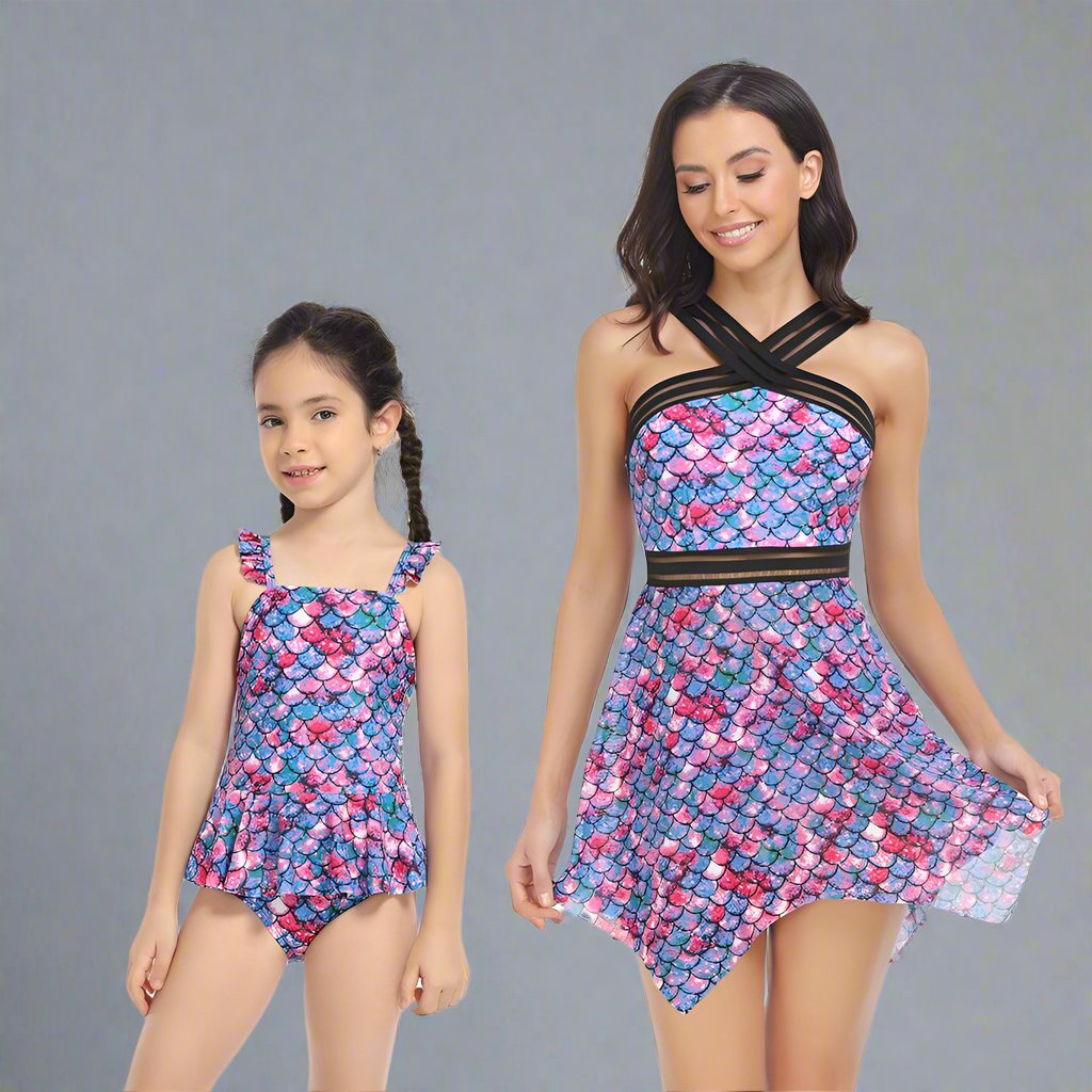 Close product view of mommy and me tankinis with matching style