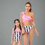 Mommy & Me Flamingo Print Striped Swimsuit-Swimsuits-dresslikemommy.com