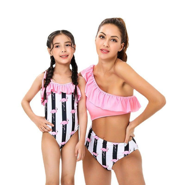 Mommy & Me Flamingo Print Striped Swimsuit-Swimsuits-dresslikemommy.com