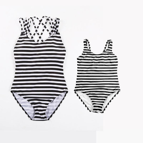 Matching One Piece Black & White Stripe Swimsuit - dresslikemommy.com