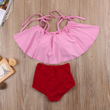 Matching Pink & Red Solid Contrast Swimsuit - dresslikemommy.com