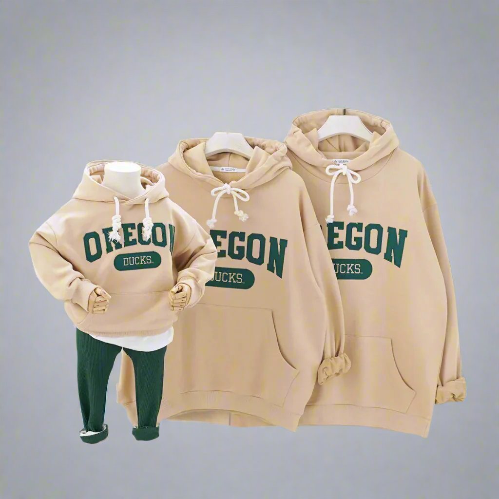 Family outfit set of brown Oregon hoodies for parents and kids