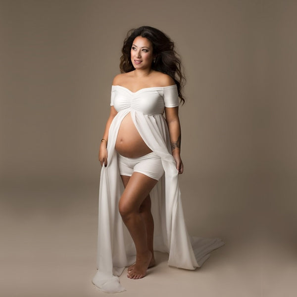 Chiffon Shoulder-less Maternity Dresses for Photo Shoot White Front Open - dresslikemommy.com