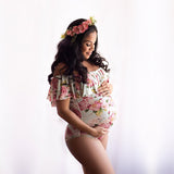 Floral Print Maternity Photography Bodysuits Slash Neck Floral Ruffles - dresslikemommy.com