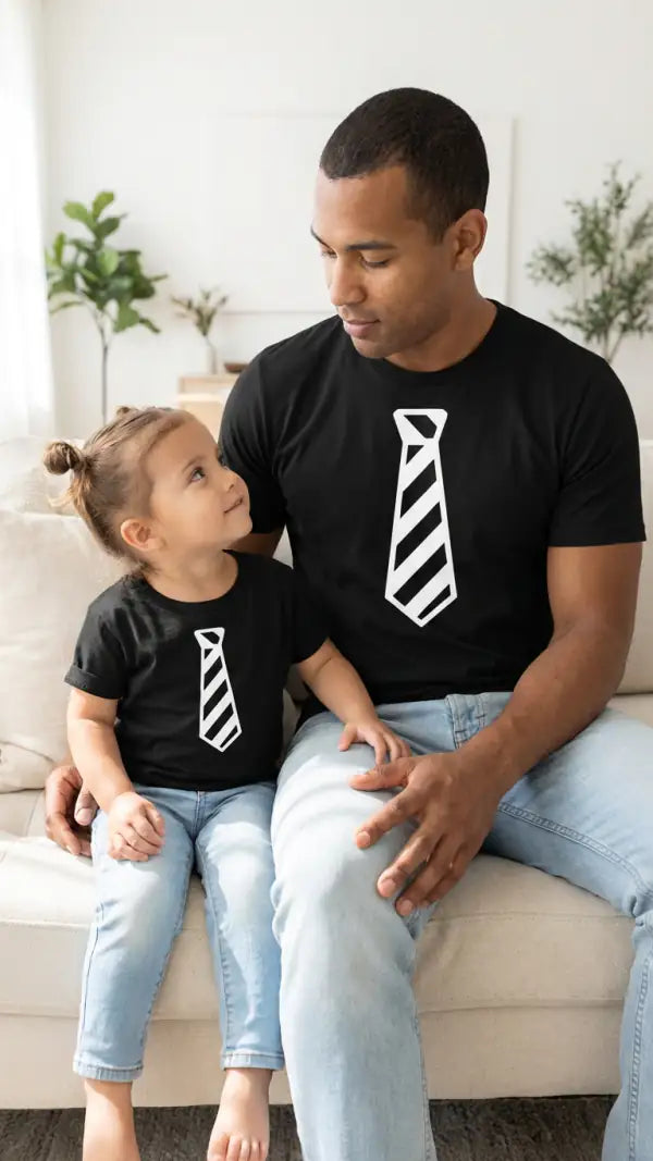 Father and daughter on a couch in matching black t-shirts with a white striped necktie graphic
