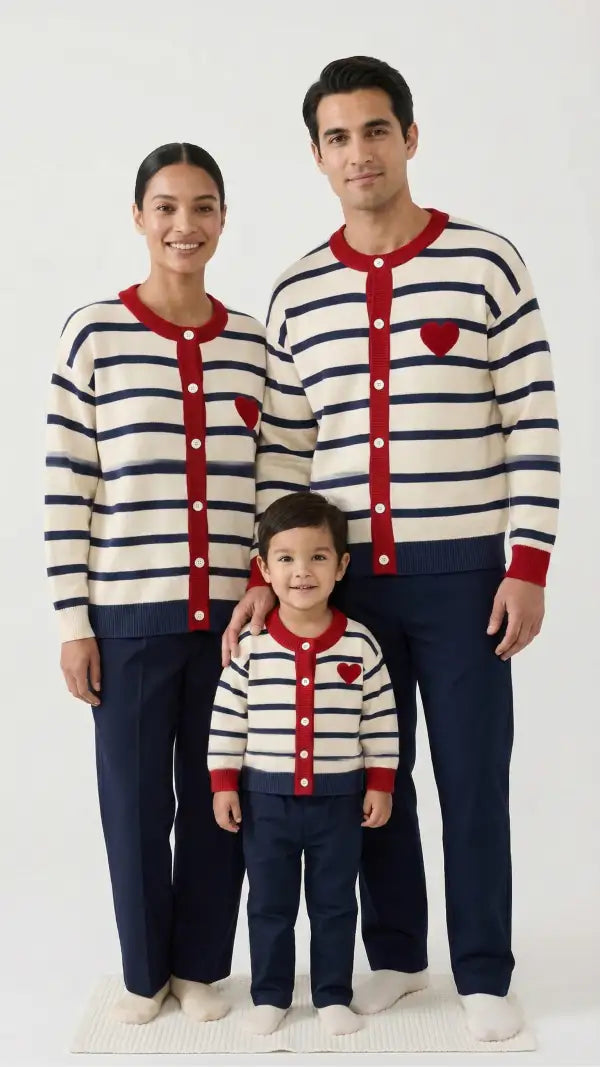 Family of three wearing matching navy and red striped cardigans with a red heart patch, standing together