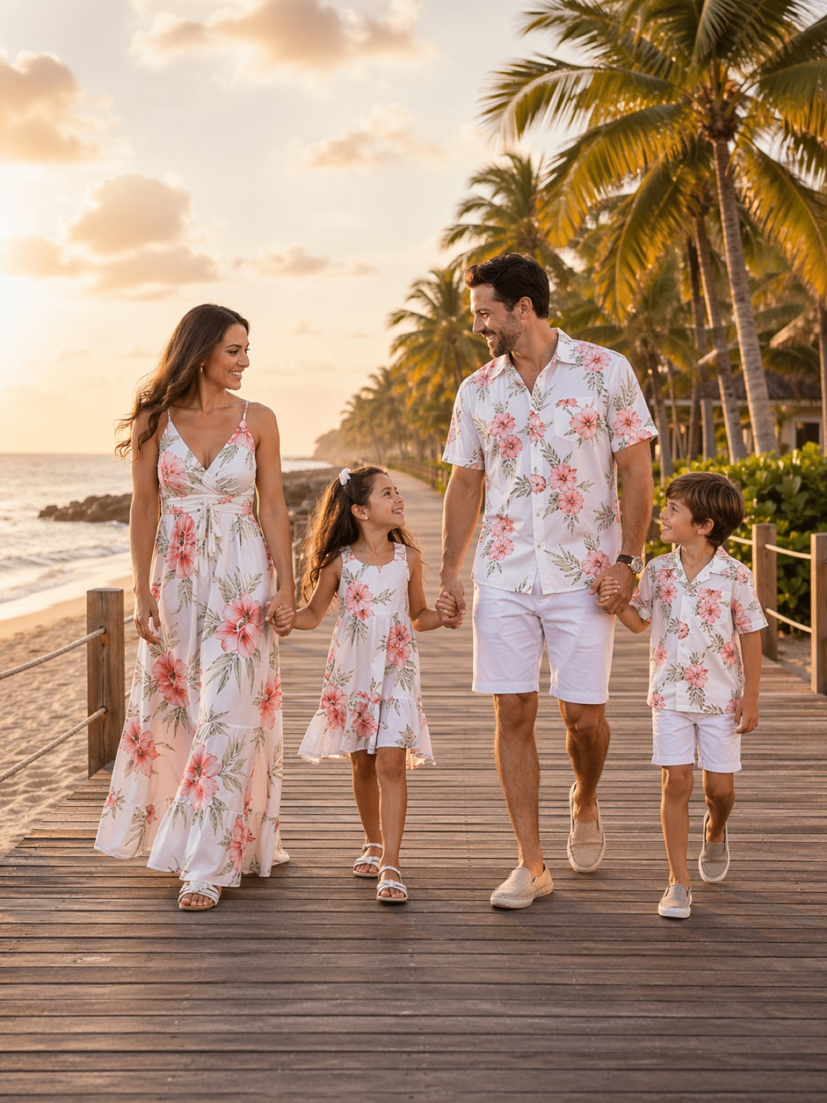 Family in coordinated white and coral floral resort outfits walking on a golden beach boardwalk