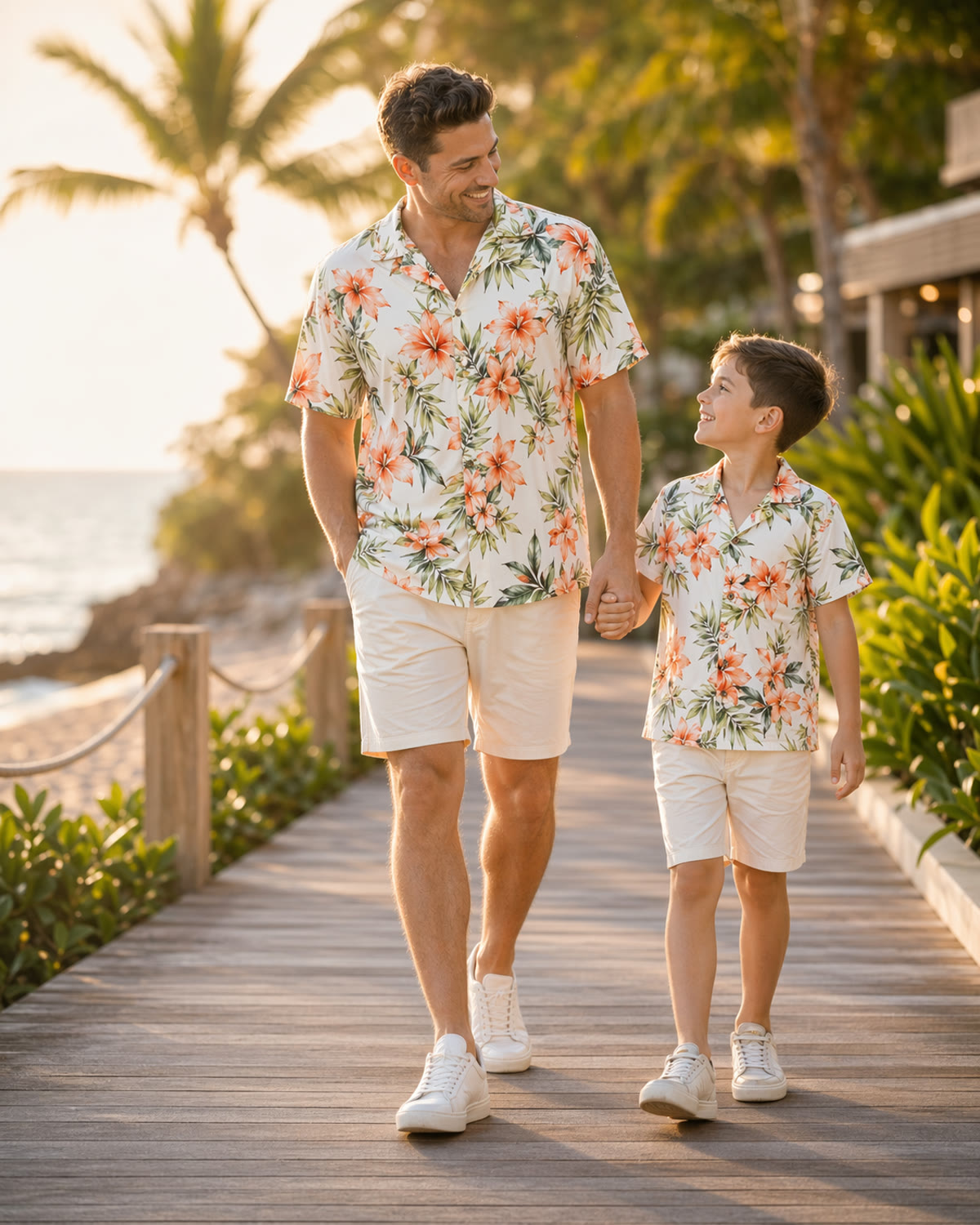 Father and son in matching resort shirts walking on a tropical boardwalk