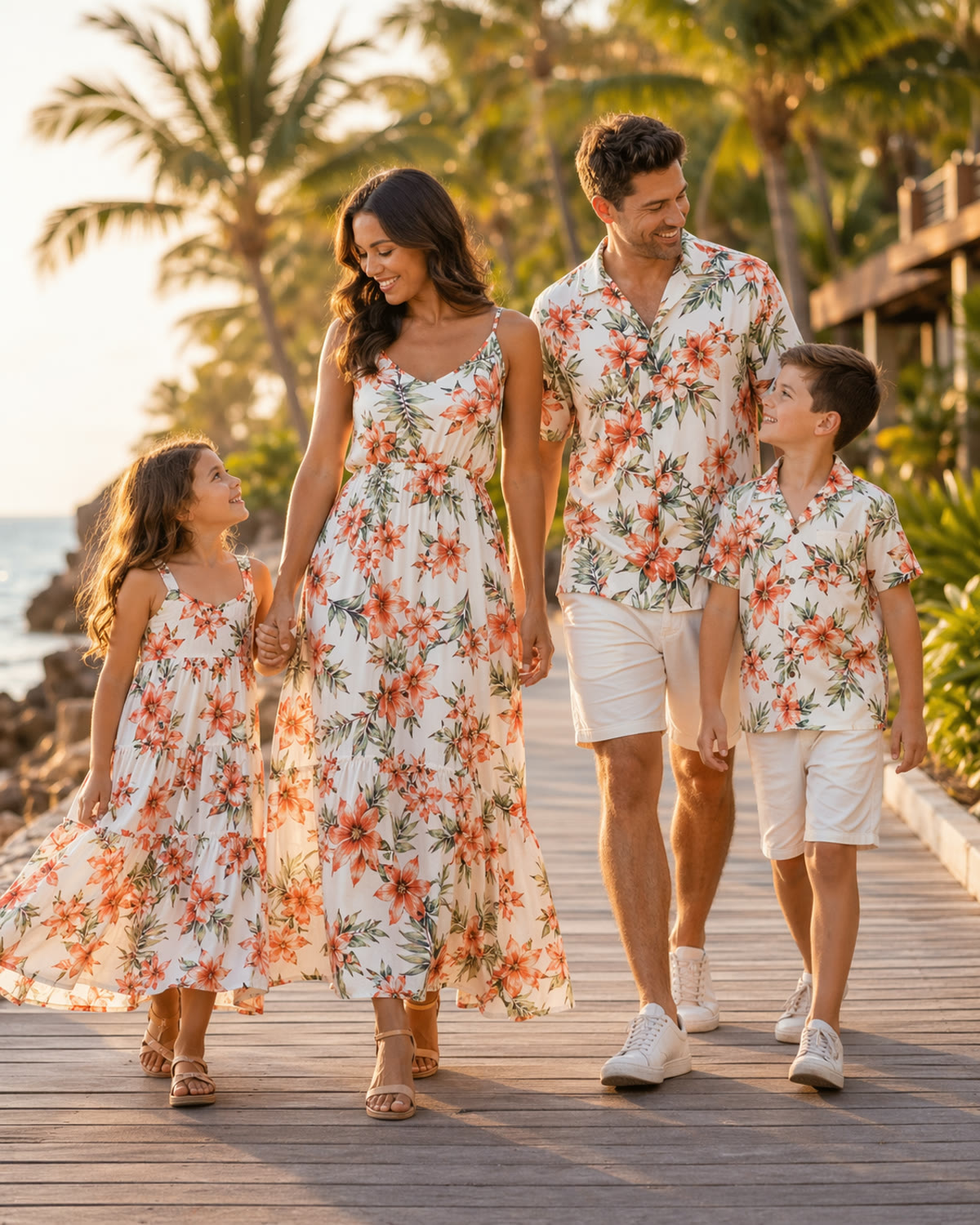 Family of four in coordinated coral floral outfits on a tropical boardwalk
