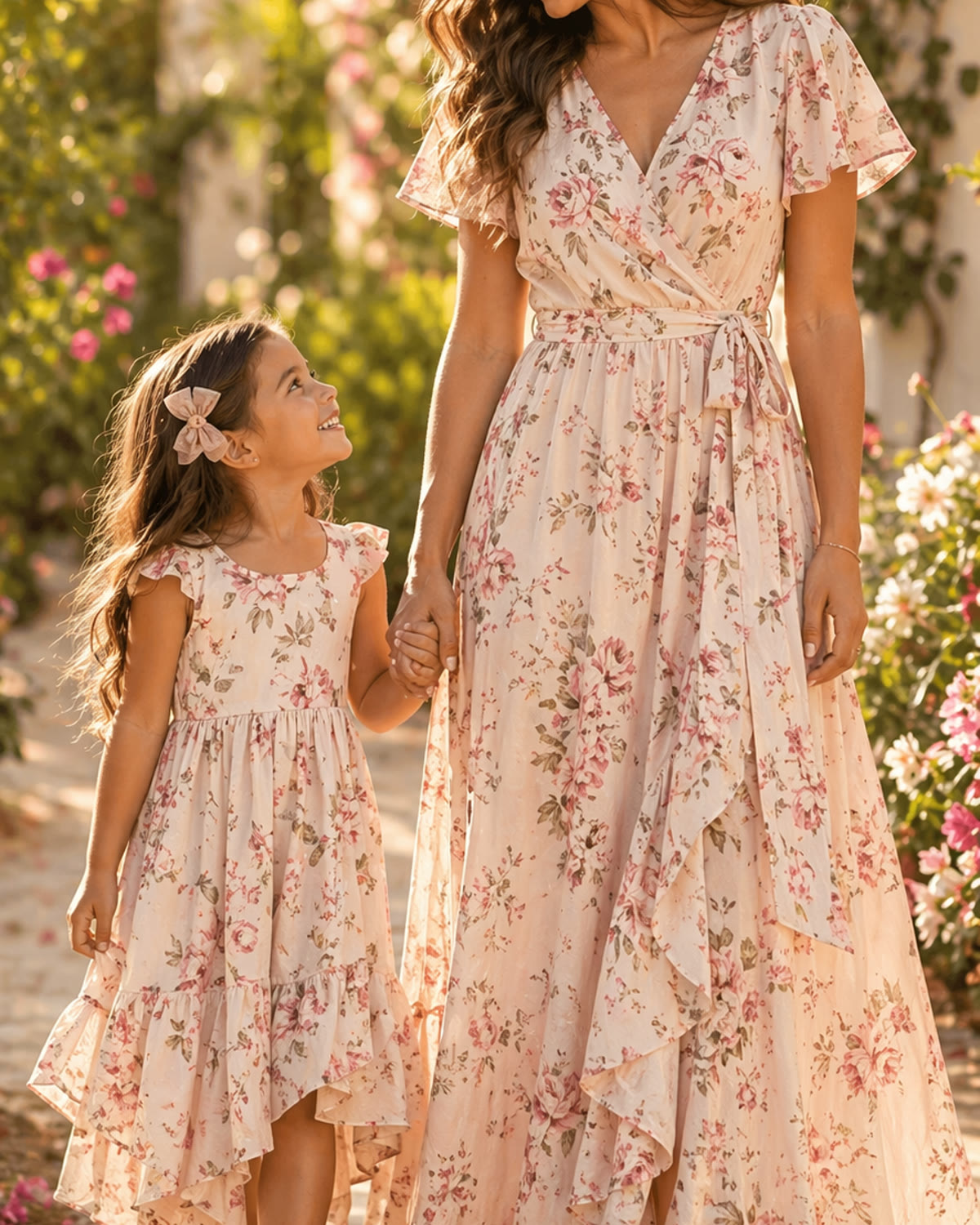 Mother and daughter in elegant blush floral matching dresses on a garden walkway